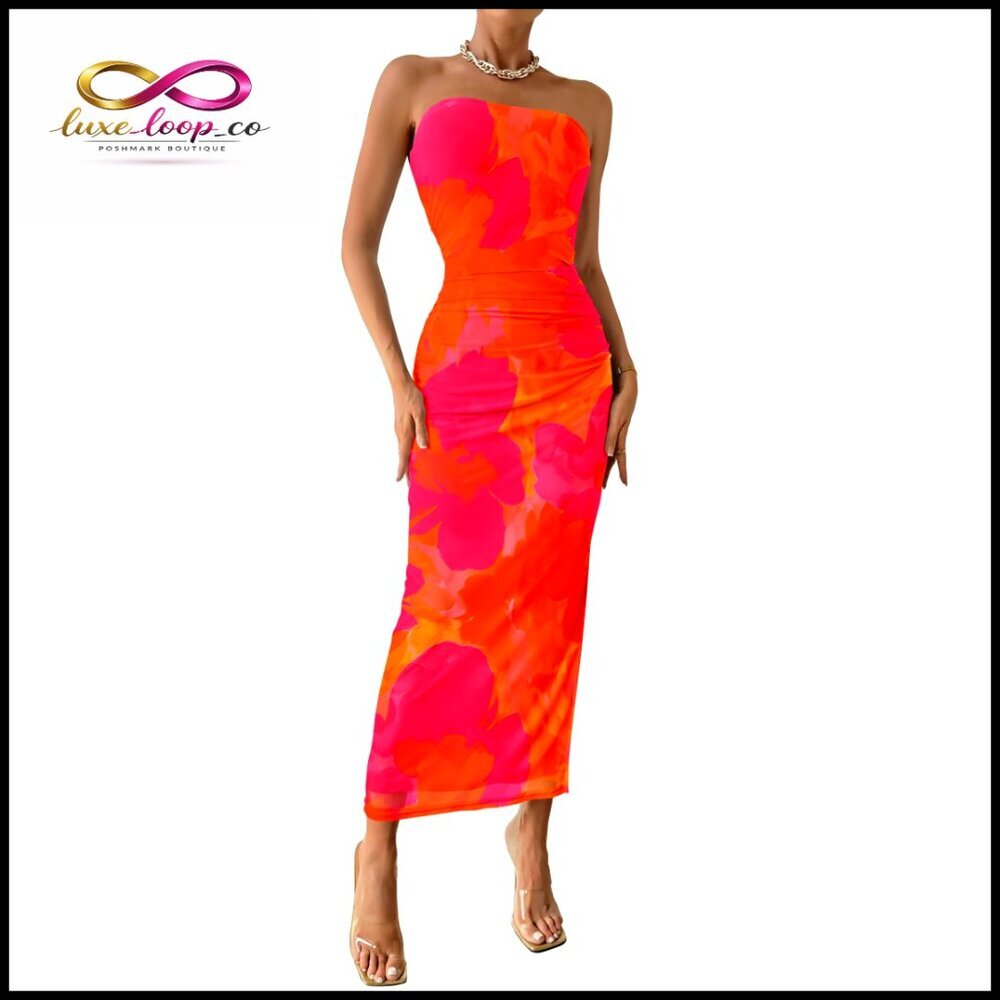 Strapless Maxi Bodycon Dress, Mesh Floral, Wedding Guest Party Beach